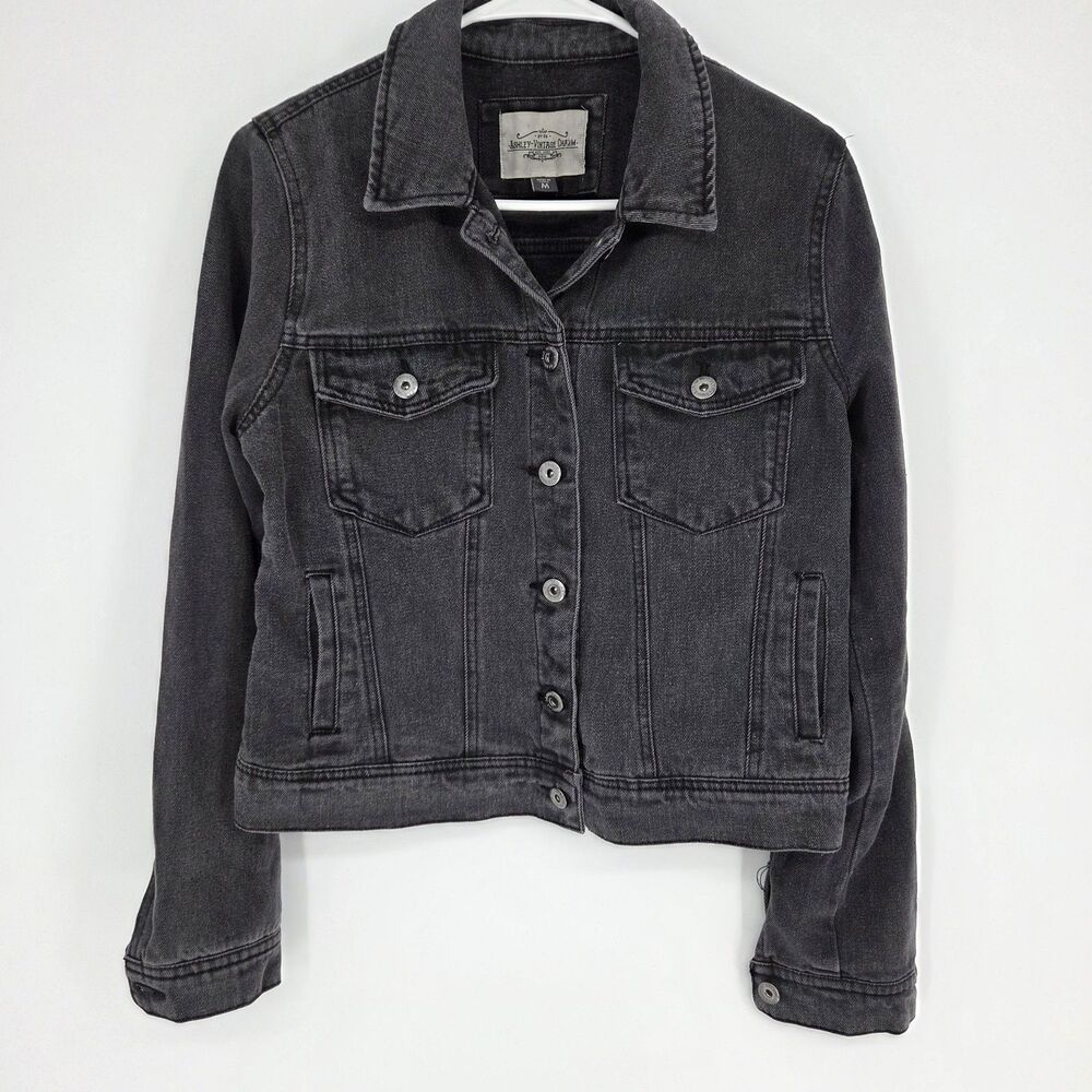 Ashley Vintage Charm Black Gray Denim Jacket with Button Pockets Long Sleeve M